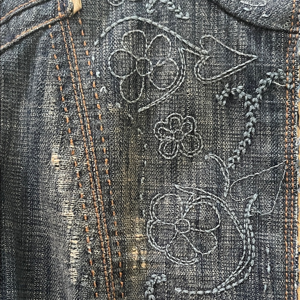 Elie Tahari Embroidered Denim Jacket with Tan Leather Accents - Picture 7 of 7
